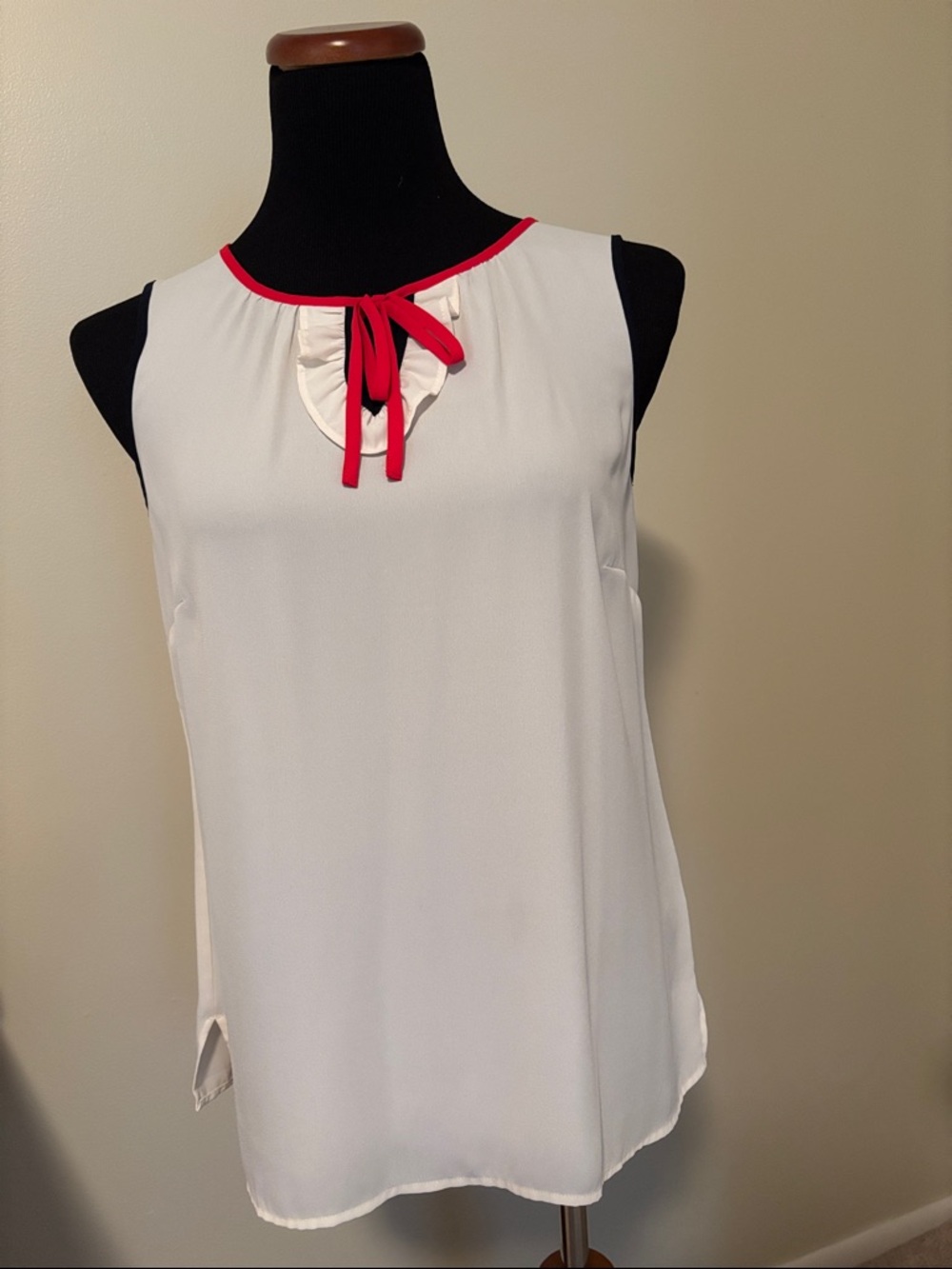 Talbots White Sleeveless Camisole with Red Neck Trim and Black sleeve and Tie